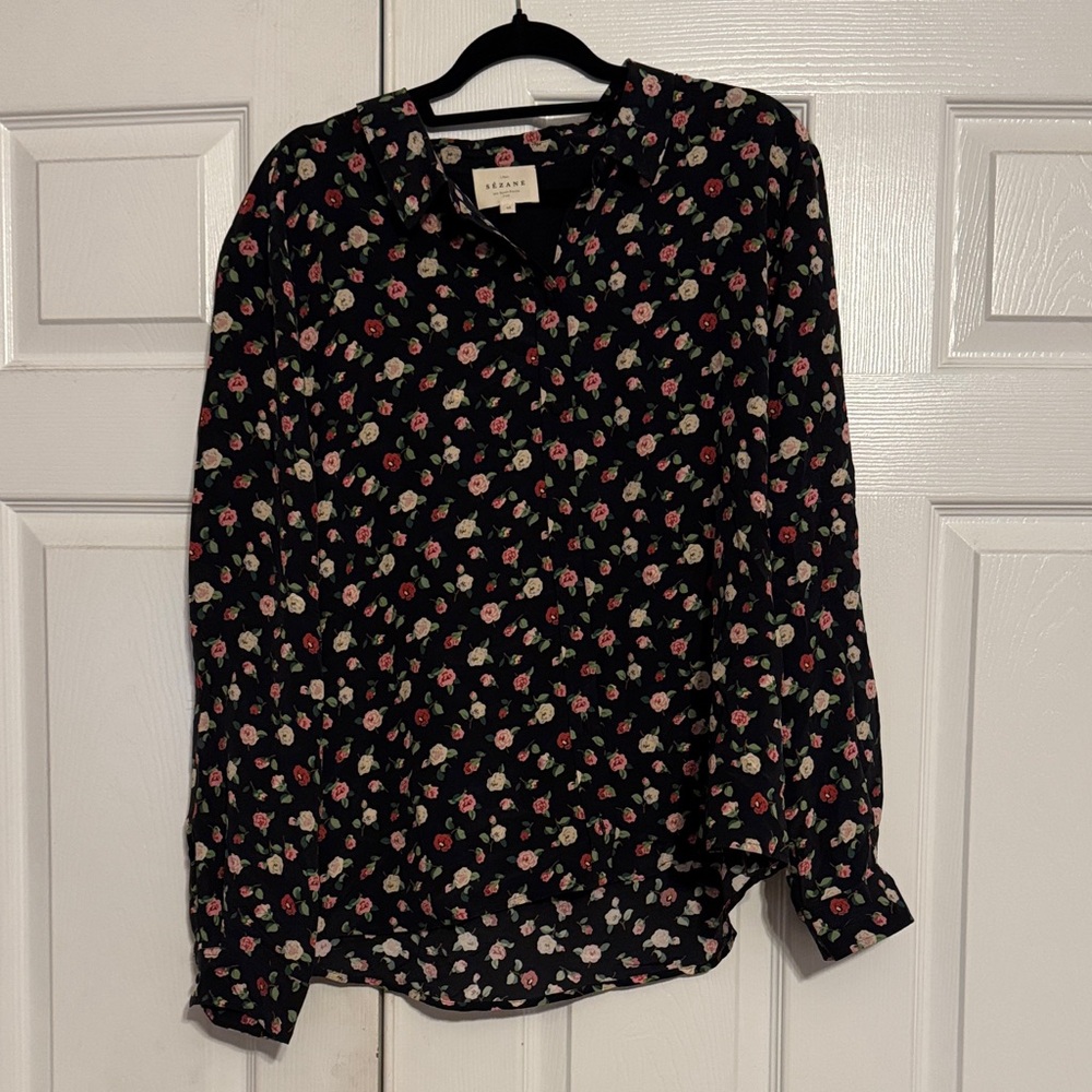 Sezane Small Roses Black Silk Blouse